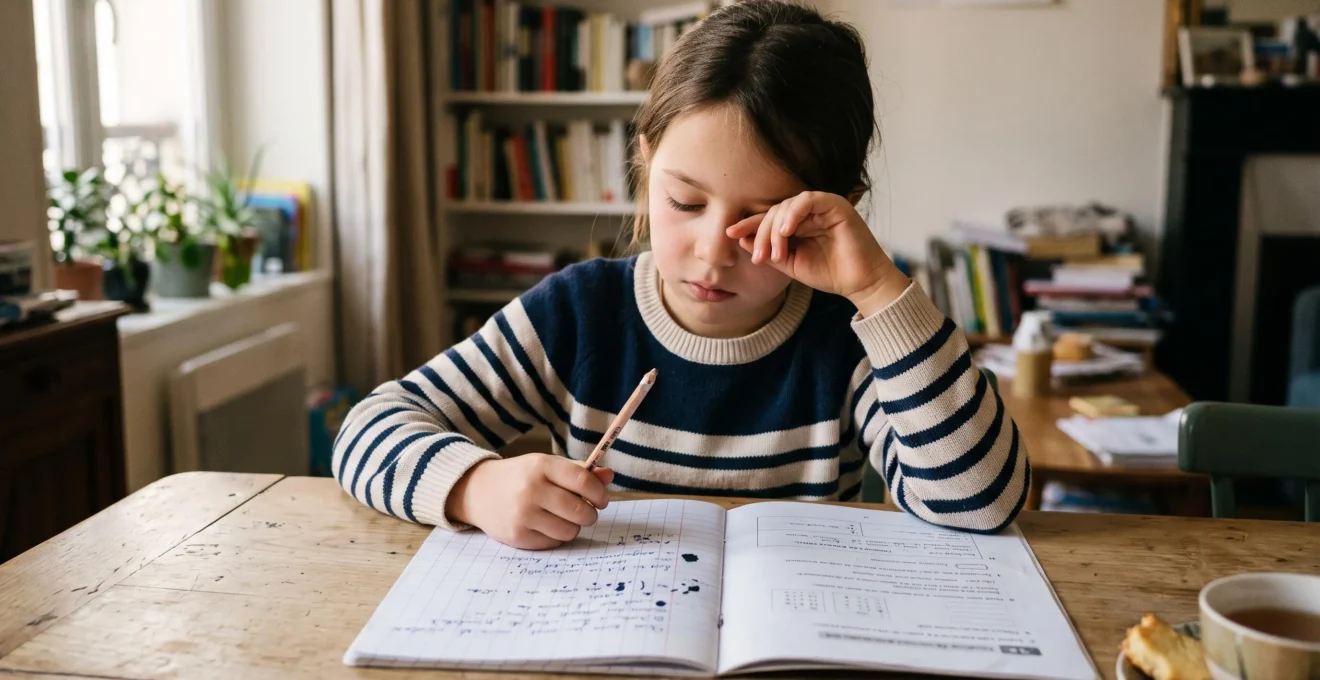 Enfant faisant ses devoirs à la maison et se frottant les yeux en signe de fatigue visuelle