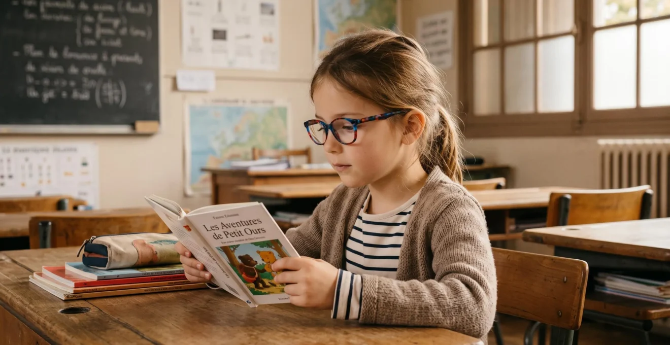 Enfant portant des lunettes de correction lisant confortablement un livre dans une salle de classe