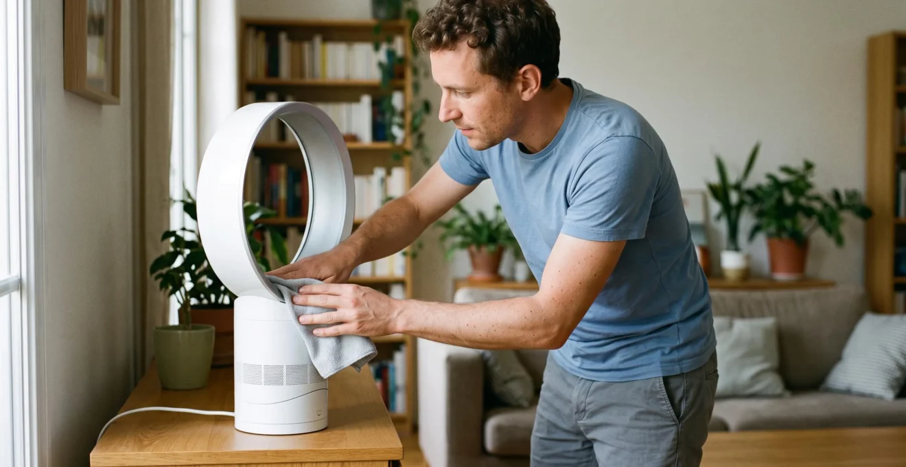 Personne nettoyant un ventilateur sans pale avec un chiffon dans un intérieur résidentiel français