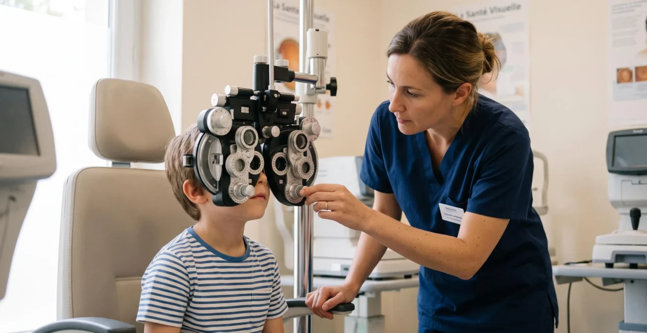Orthoptiste examinant la vue d'un jeune enfant avec un réfracteur dans un cabinet d'ophtalmologie pédiatrique