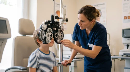 Orthoptiste examinant la vue d'un jeune enfant avec un réfracteur dans un cabinet d'ophtalmologie pédiatrique