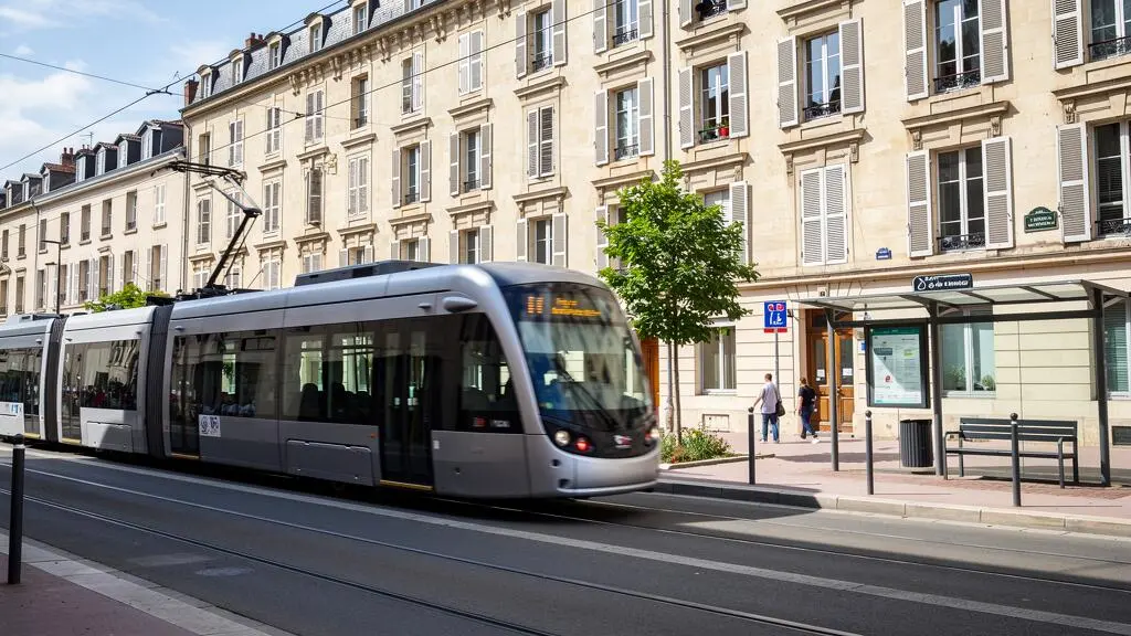 Immeuble résidentiel dijonnais typique avec le tramway de Dijon passant au premier plan dans la rue