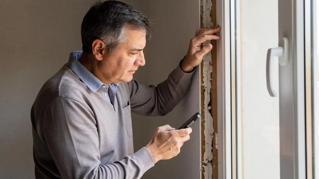Professionnel de l'immobilier inspectant l'état d'une fenêtre et de son encadrement lors d'un diagnostic technique de bien
