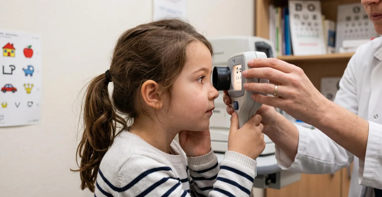 Jeune enfant passant un test de vision pédiatrique adapté à son âge dans un cabinet d'ophtalmologie