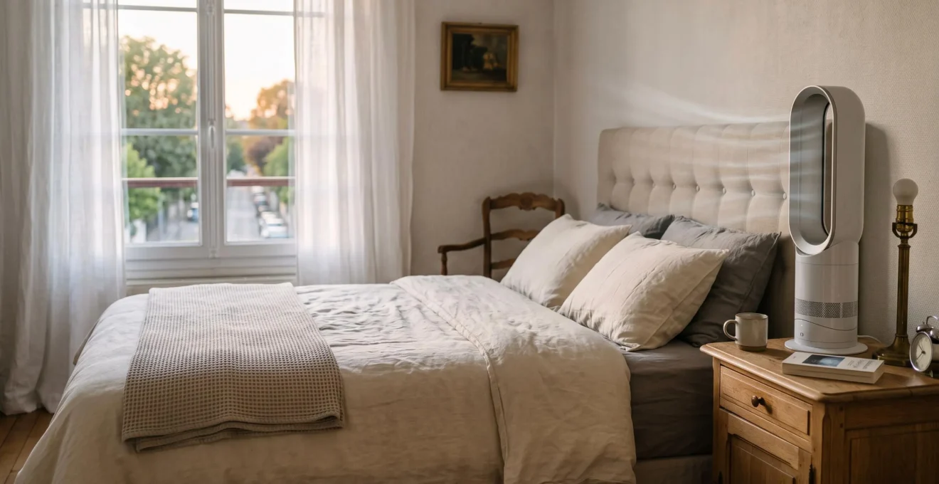 Ventilateur sans pale blanc sur une table de chevet dans une chambre française avec ambiance de soirée apaisante