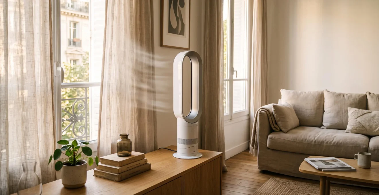Ventilateur sans pale blanc en fonctionnement dans un salon français moderne avec lumière naturelle
