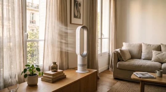 Ventilateur sans pale blanc en fonctionnement dans un salon français moderne avec lumière naturelle