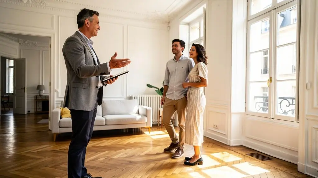Agent immobilier montrant un appartement à un couple lors d'une visite dans un logement dijonnais lumineux avec parquet et architecture typique
