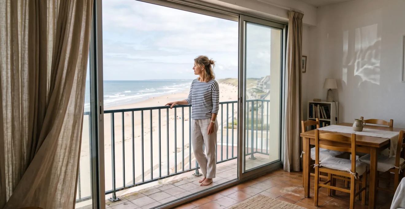Une femme se tient sur le balcon d'un appartement de vacances et regarde l'océan et la plage depuis Saint-Jean-de-Monts.