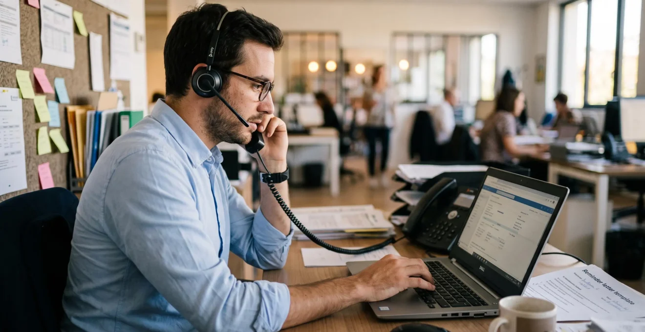 Un chargé du recouvrement téléphone avec un casque tout en consultant son ordinateur portable au bureau.