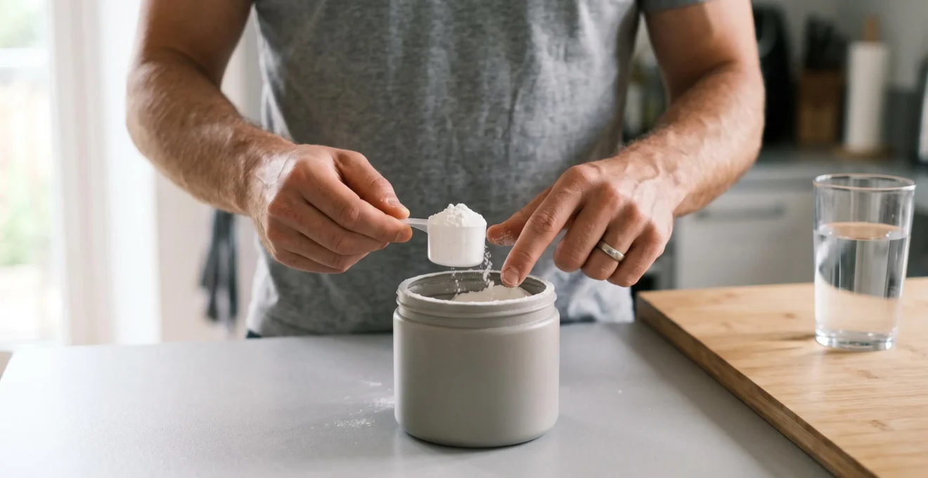 Des mains nivelent une dosette de poudre blanche de créatine au-dessus d'un pot sans étiquette sur un plan de travail.