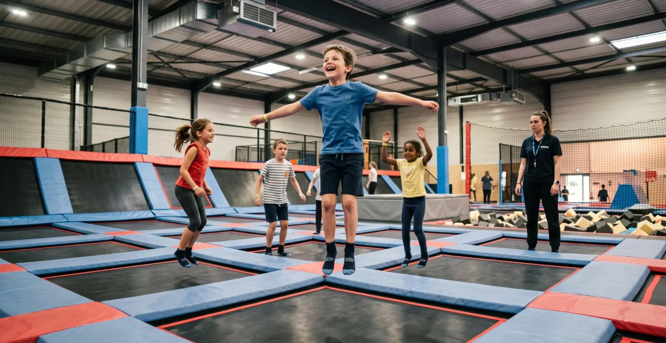 Des enfants sautent sur les trampolines d'un parc de trampolines intérieur pendant un anniversaire, sous la surveillance d'un encadrant.