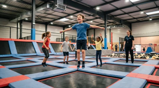 Des enfants sautent sur les trampolines d'un parc de trampolines intérieur pendant un anniversaire, sous la surveillance d'un encadrant.