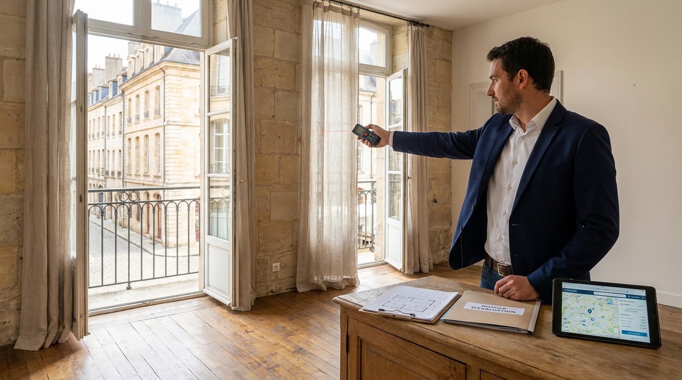 Un estimateur immobilier mesure un salon avec un télémètre laser dans un appartement ancien.