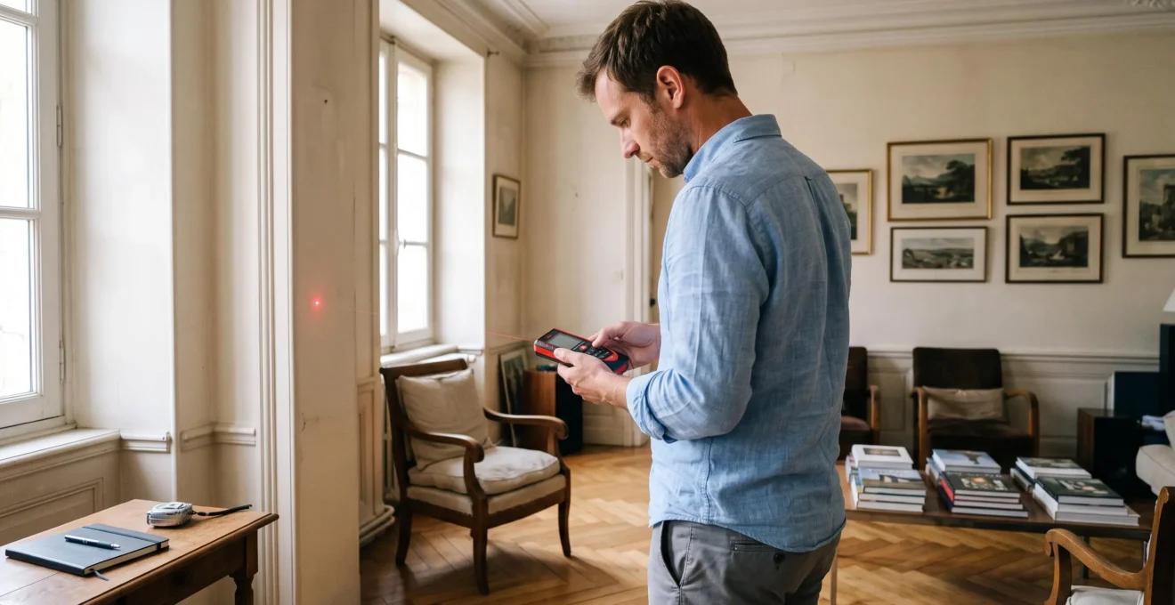 Un estimateur immobilier mesure un salon avec un télémètre laser dans un appartement ancien.