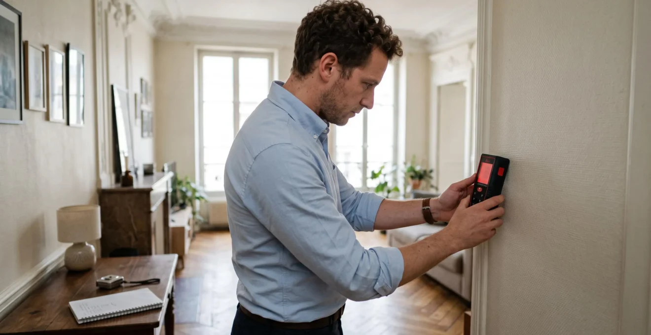 Un estimateur immobilier mesure un salon avec un télémètre laser dans un appartement ancien.