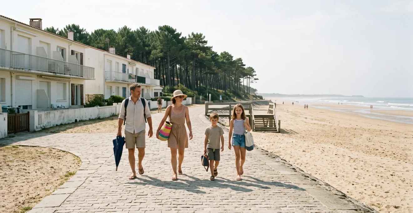 Une famille avec des sacs de plage marche sur la promenade du front de mer de Saint-Jean-de-Monts en direction de la plage.