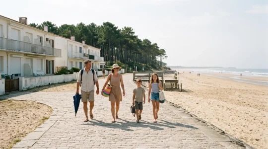 Une famille avec des sacs de plage marche sur la promenade du front de mer de Saint-Jean-de-Monts en direction de la plage.