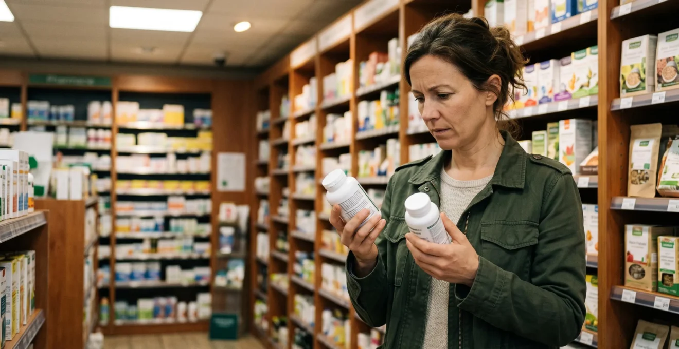 Une femme compare deux pots de compléments alimentaires sans étiquette dans un rayon de parapharmacie.
