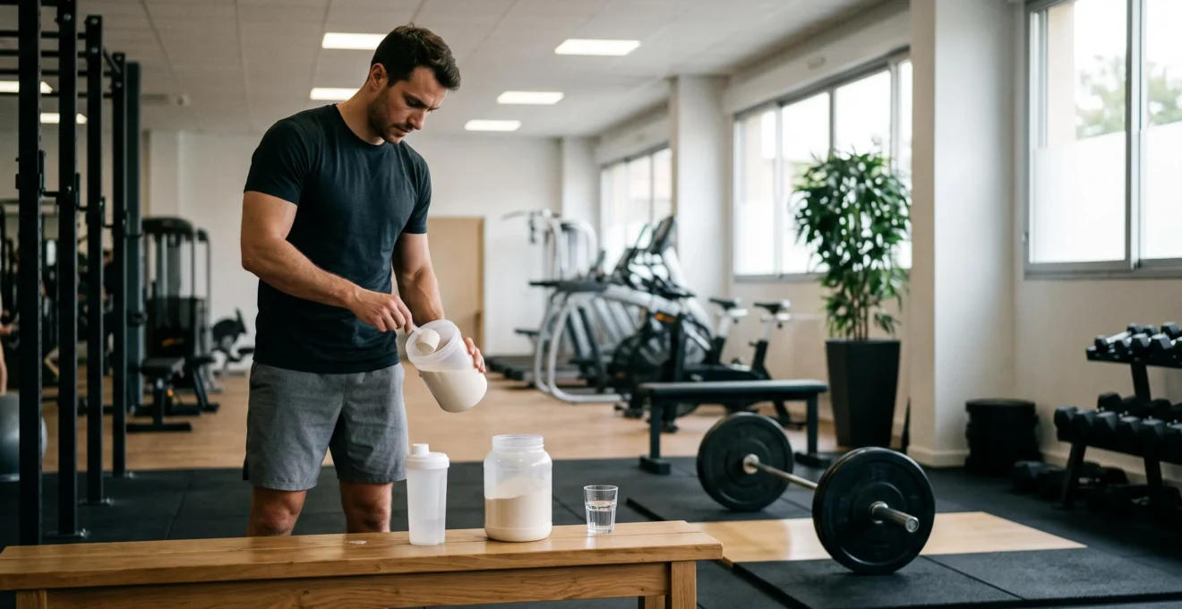 Un homme verse de la poudre de créatine dans un shaker posé sur un banc en bois dans une salle de musculation.