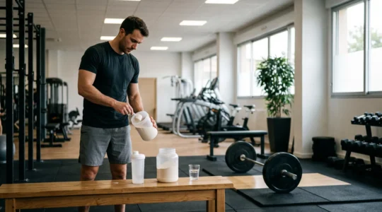 Un homme verse de la poudre de créatine dans un shaker posé sur un banc en bois dans une salle de musculation.