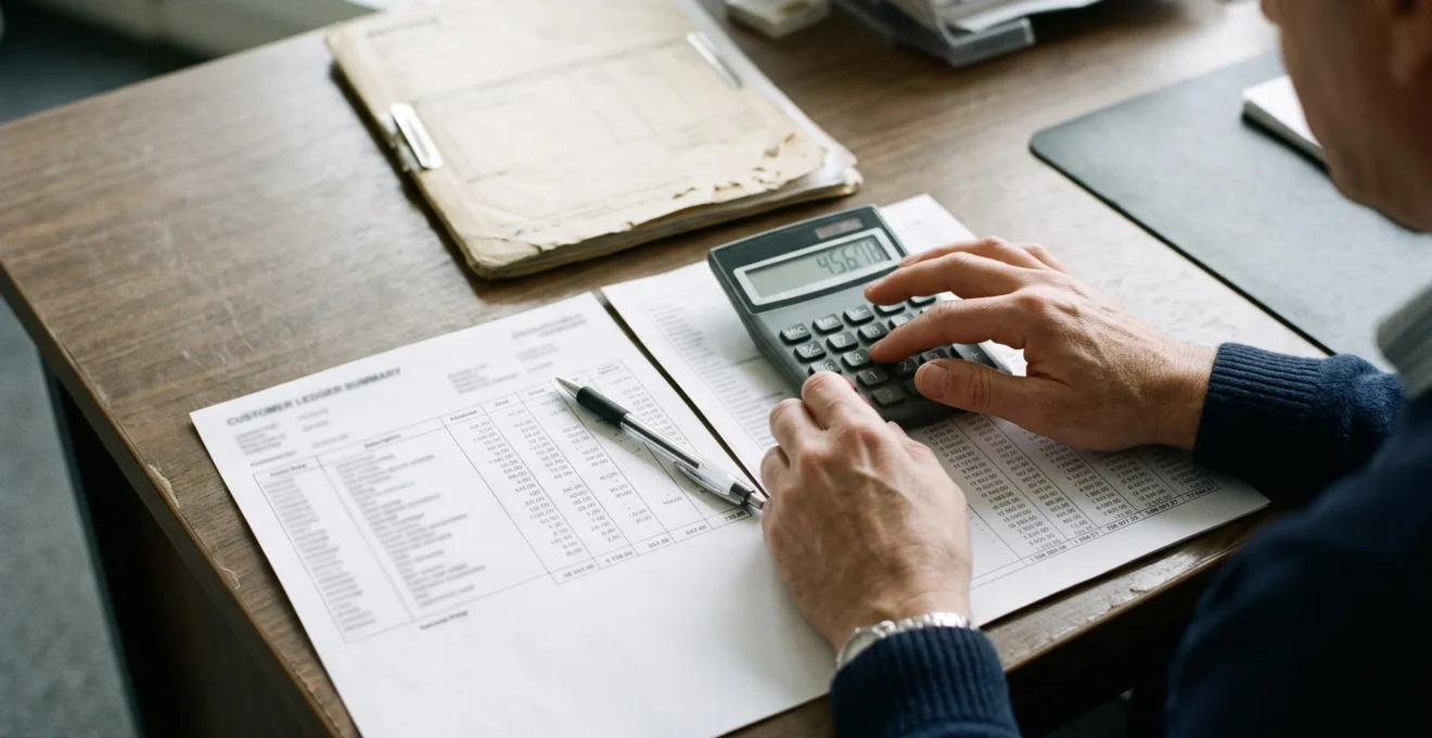 Des mains utilisent une calculatrice de bureau pour vérifier des chiffres sur des documents clients imprimés.