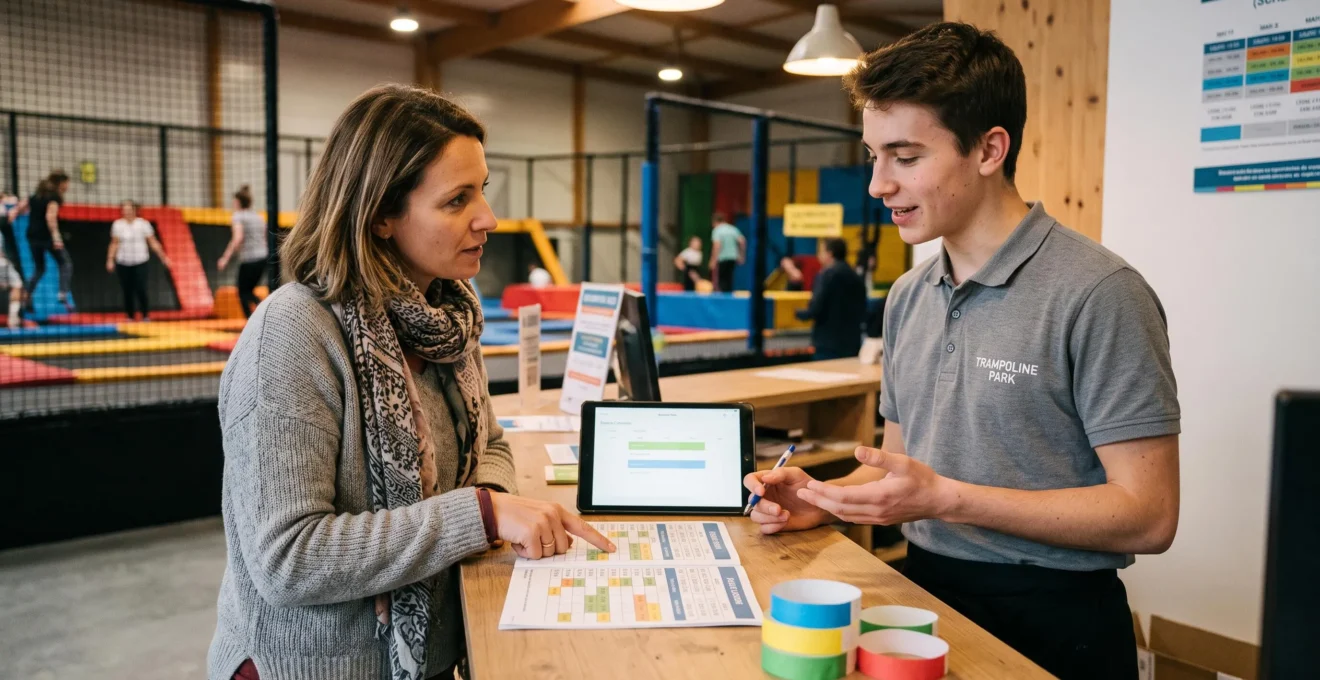 Une parente réserve un anniversaire au comptoir d'accueil d'un trampoline park avec un membre du personnel.