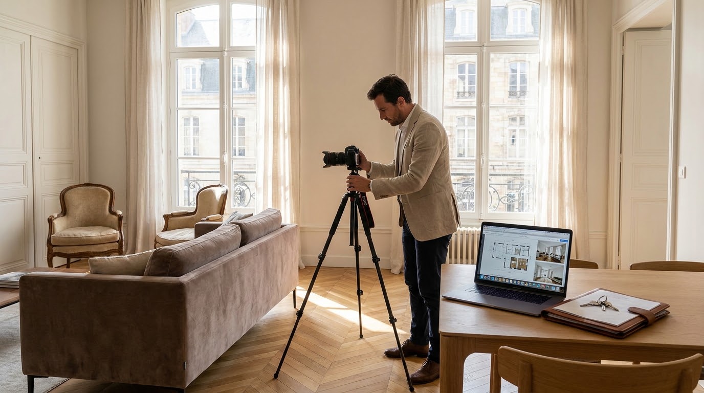 Une propriétaire photographie son salon avec un smartphone pour préparer l'annonce de vente.