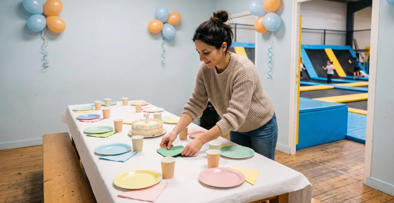 Un parent prépare la table du goûter dans une salle d'anniversaire d'un trampoline park, décorée de ballons et d'un gâteau.