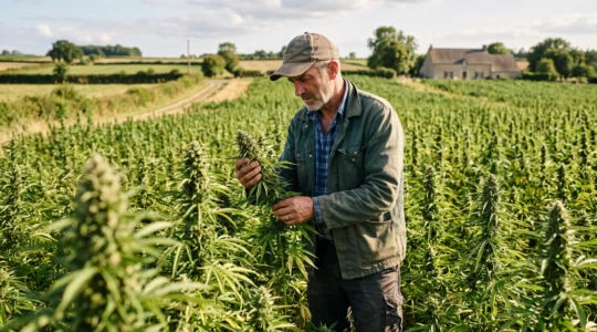 Un producteur de chanvre examinant une fleur de CBD dans un champ en plein air en France.