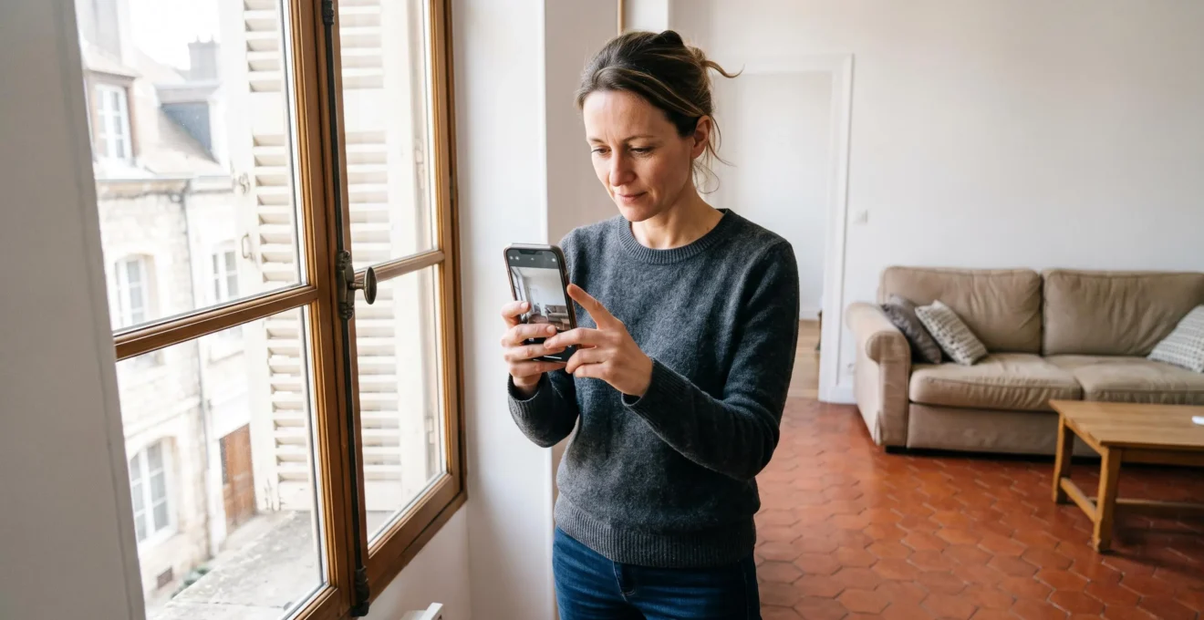 Une propriétaire photographie son salon avec un smartphone pour préparer l'annonce de vente.