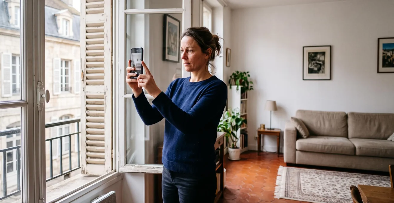 Une propriétaire photographie son salon avec un smartphone pour préparer l'annonce de vente.