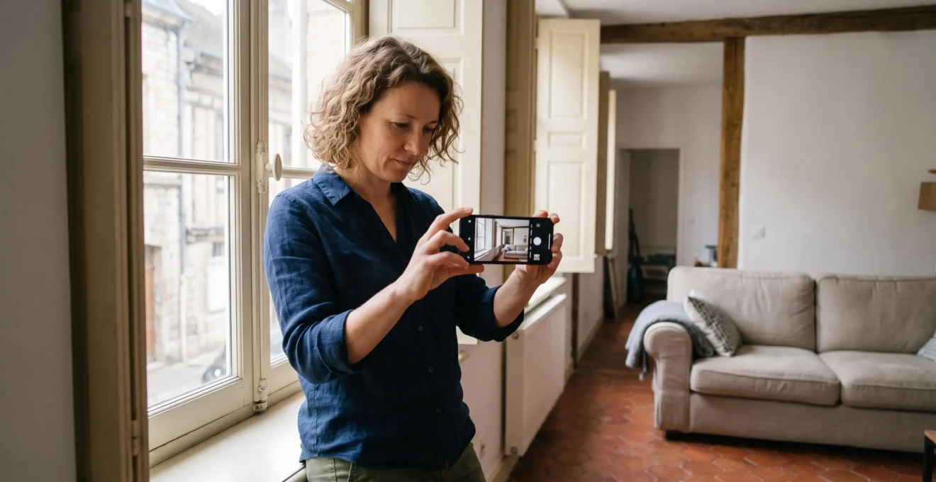 Une propriétaire photographie son salon avec un smartphone pour préparer l'annonce de vente.