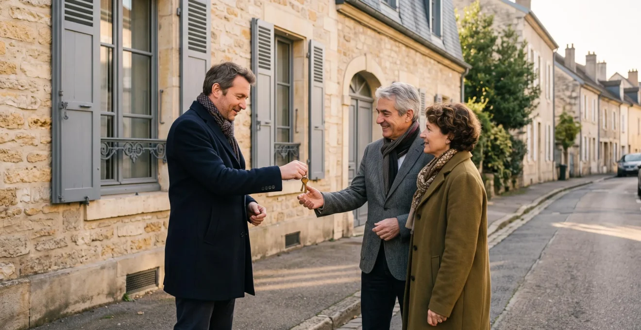 Un agent immobilier remet un jeu de clés à un couple de vendeurs devant une maison en pierre de Bourgogne.