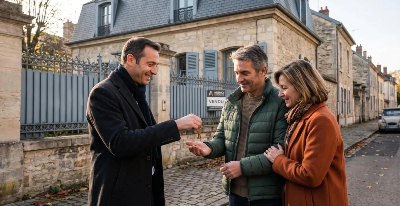 Un agent immobilier remet un jeu de clés à un couple de vendeurs devant une maison en pierre de Bourgogne.