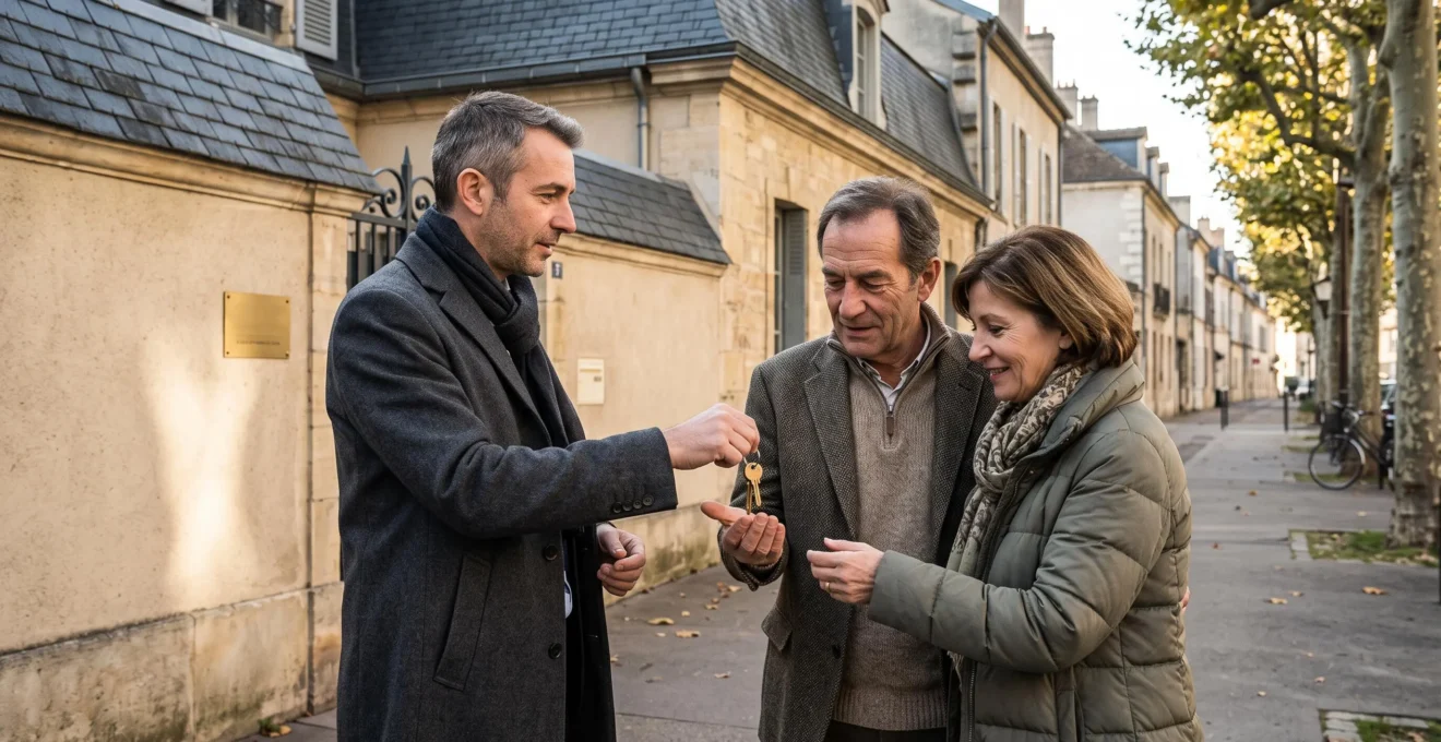 Un agent immobilier remet un jeu de clés à un couple de vendeurs devant une maison en pierre de Bourgogne.