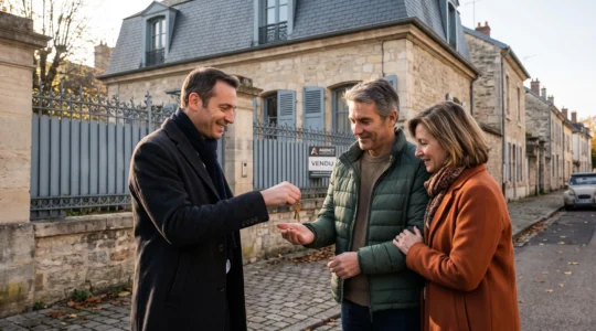 Un agent immobilier remet un jeu de clés à un couple de vendeurs devant une maison en pierre de Bourgogne.