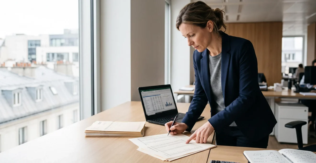 Une responsable crédit analyse un état des encours clients imprimé à son bureau dans un bureau d'entreprise.
