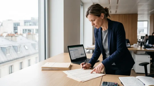 Une responsable crédit analyse un état des encours clients imprimé à son bureau dans un bureau d'entreprise.
